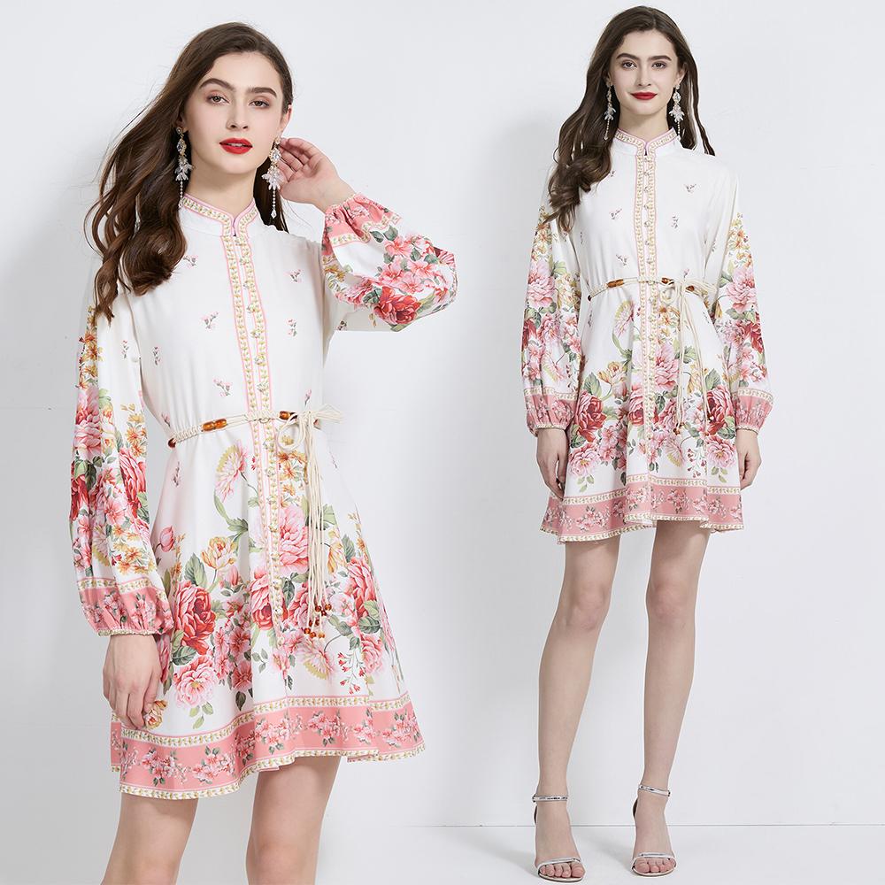Spring Autumn Women Vintage Print Single Breasted Lantern Sleeve Mini Short Holiday Beach Dresses With Belt