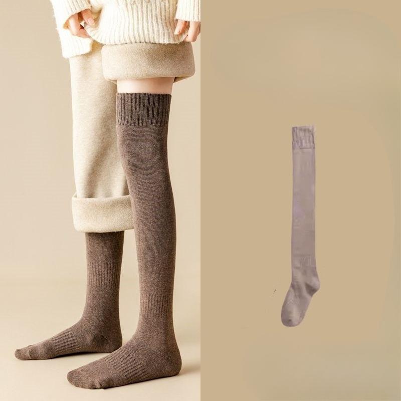Thick and Warm Padded Women's Long Knee Socks with Woolen Cuffs for Autumn and Winter. Knee-length Over-the-knee Socks for Warmth.