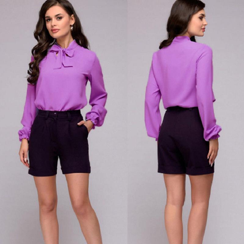 New Women's European & American Style Chiffon Blouse – Sexy Stand Collar, Tie Knot, Long Sleeve
