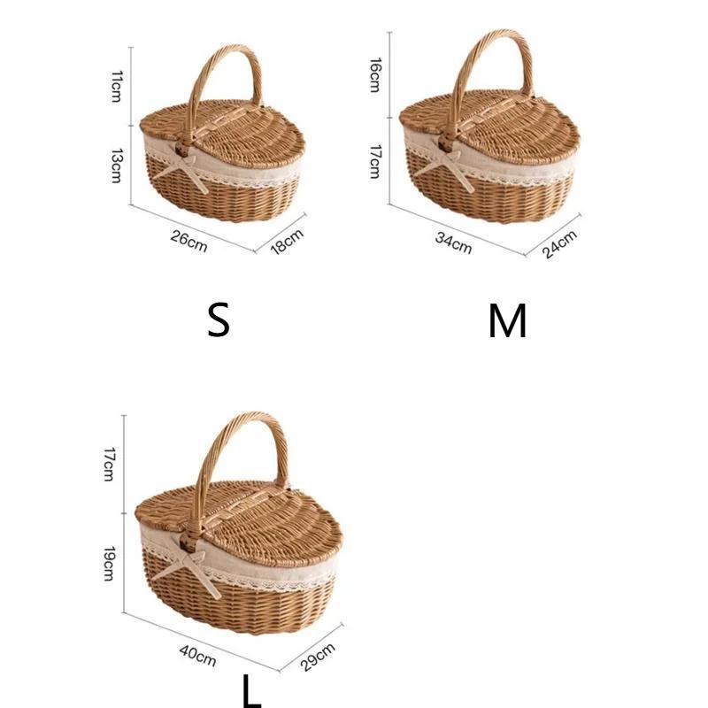 Picknickkorg med stor kapacitet med lock, flätad korg av rotting och bambu, hushållsförvaring för frukt och snacks, utomhuskorg av rotting