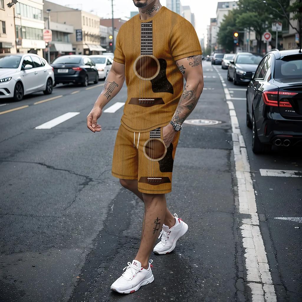 Summer Men's Two-piece 3D Music Instrument Short Sleeved Shorts Set Men's Running and Leisure Art Set Men's Clothing