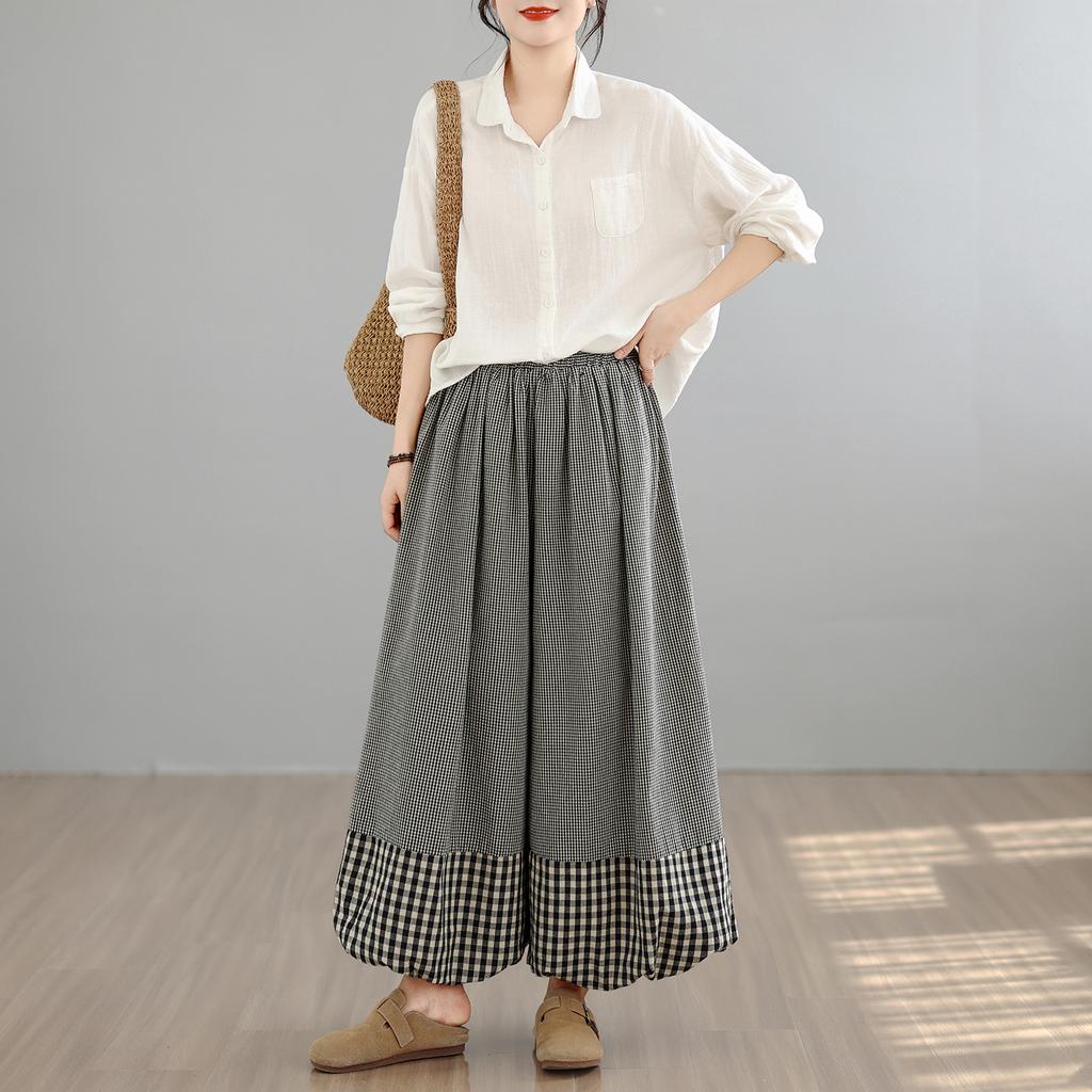 DIMANAF 2026 Summer Beach Plus Size Long Pants Women Plaid Black Elastic Waist Loose Vintage Casual Trousers Pants Print Bottoms
