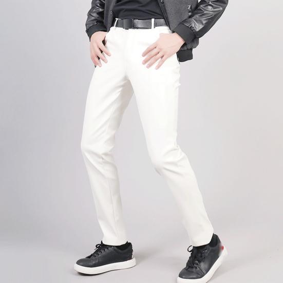 Men Faux Leather Pants Mid Waist Slim Fit Smooth Button Zipper Placket Solid Color Waterproof Hip Hop Style Streetwear Party Club Performance Trousers