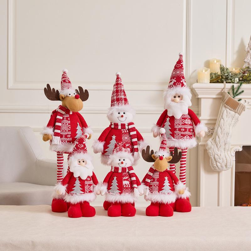 Christmas Snowflake Plush Doll with Retractable Stand - Red & White Snowman, Deer, Bear Ornament