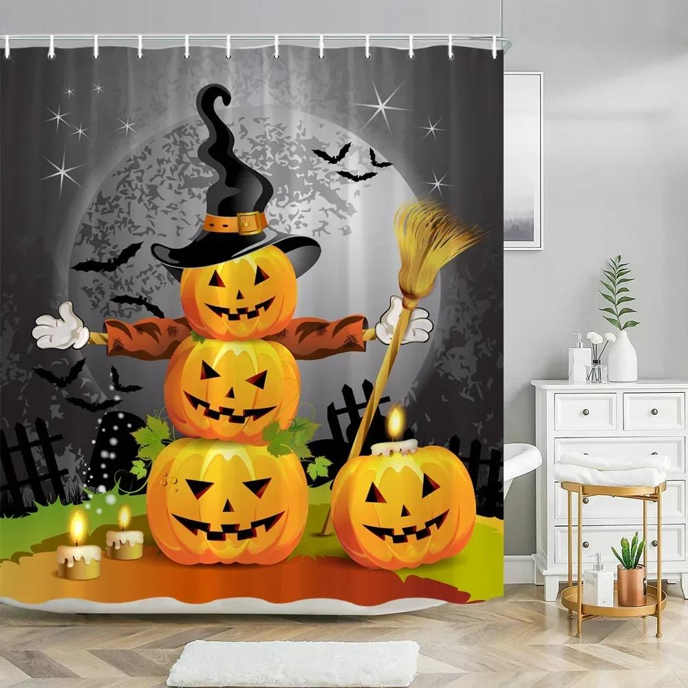 Halloween Pumpkin Bathroom Curtains Cartoon Cute Funny Magic Hat Ghost Broom Bathroom Curtains Party Decor Shower Curtain Fab
