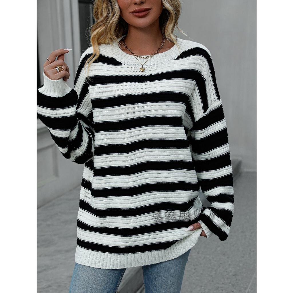 Women's Crew Neck Long Sleeve Sweater Loose Fit Casual Horizontal Stripe Acrylic Knit Pullover