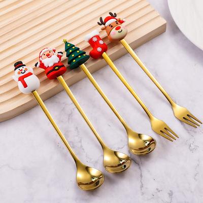 Stainless Steel Christmas Tree Santa Hat Shaped Creative Coffee Stir Spoon Dessert Fruit Fork For Holiday Dining Party Decor