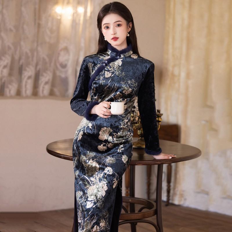 Long Sleeve Winter Kimono-Style Dress With Fleece Lining Stand Collar Zipper Closure Korean Velvet Blend Plus Size