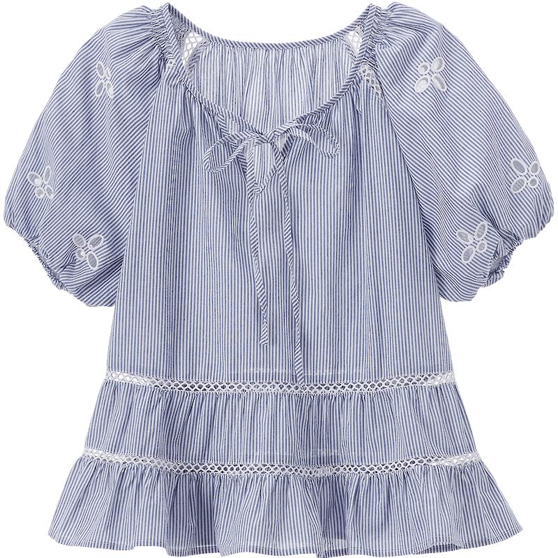 Hollow Out Puff Sleeve Shirt M