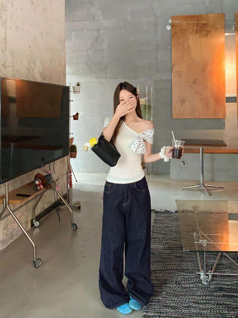 Asymmetrical Polka Dot Off-Shoulder Short Sleeve Top - Women's Summer Chic