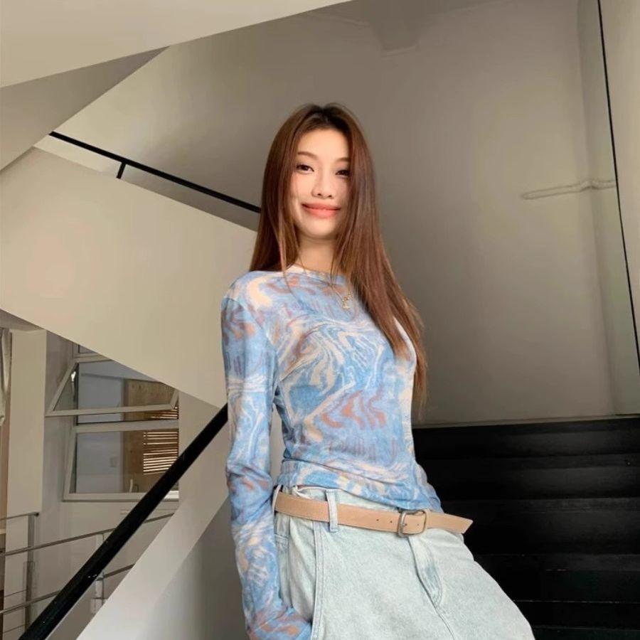 Vintage Batikmuster Dünnes Netz-T-Shirt Damen Frühling-Sommer Designte Nische Sonnenschutz Überwurf Einzigartiges Schickes Oberteil