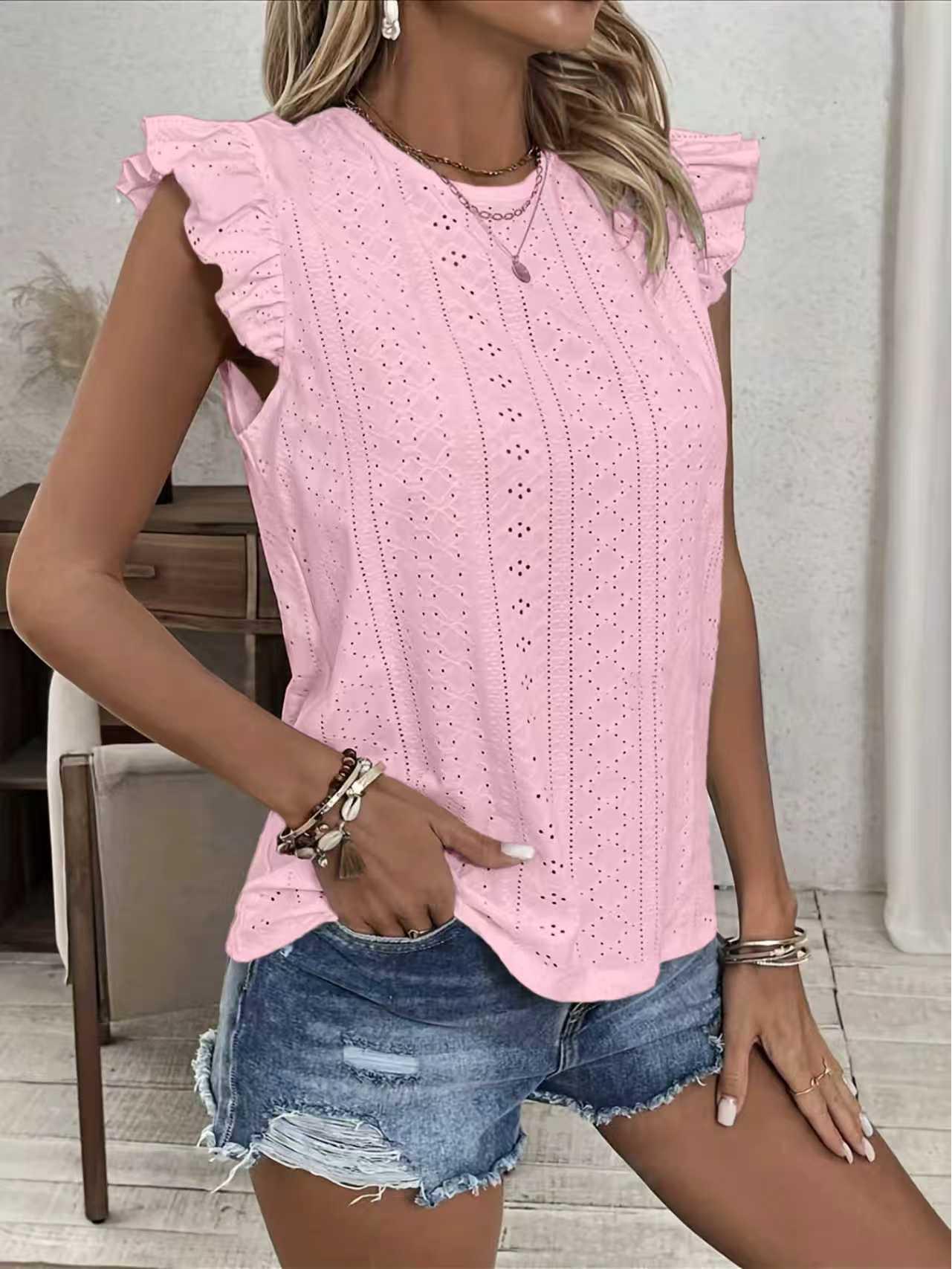 Женский топ 2026 Весна/Лето, круглый вырез, рукава с оборками, завязка сзади, однотонный L розовый