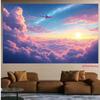 2D Dreamy Room Backdrop, Airplane Flying Over Cotton Candy Clouds At Sunset Background