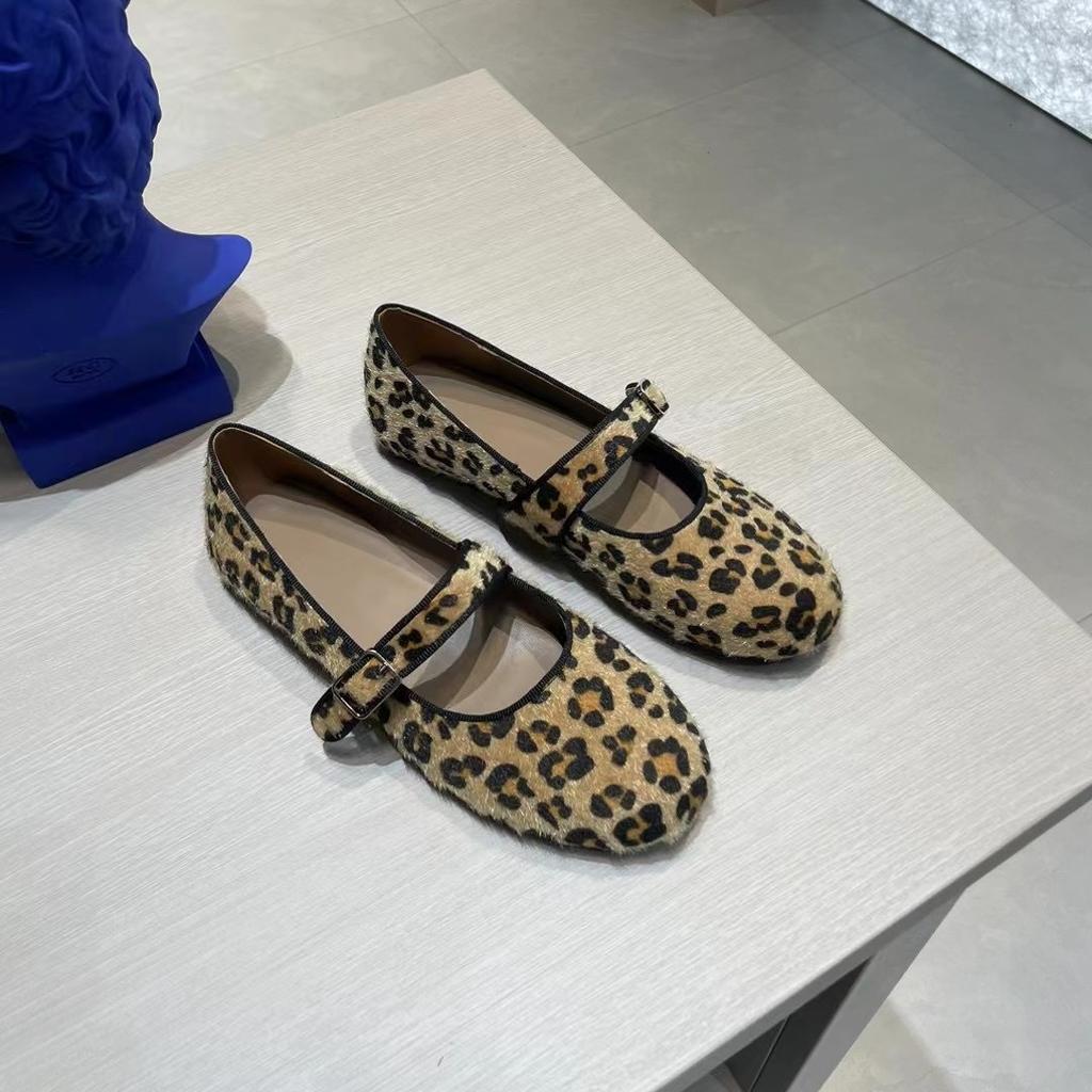 Sheepskin Version~ Korean Version of Niche Leopard Print Leather One-word Buckle Single Shoes Women's Flat Grandma Shoes Ballet Mary Jane Shoes