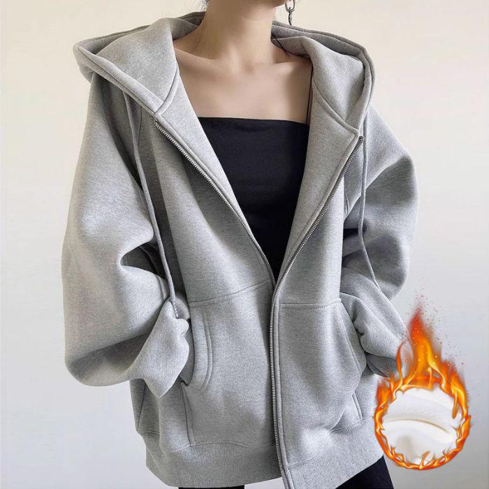 Women's Autumn/Winter Plus Velvet Zipper Cardigan Hoodie - Thick, American-Style, Loose Fit, Slimming Top