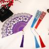 Chinese Style Flower Folding Fan with Faux Pearl Tassel Portable Plastic Ribs Hand Fan Women Dance Performance Props Party Favors