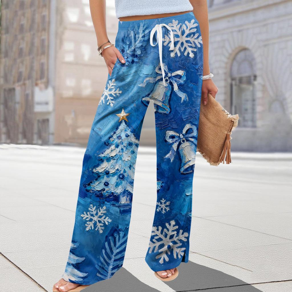 Ladies' Loose And Casual Christmas Printed Wide Leg Pants With Elastic Waistband Drawstring And Pocket Pants