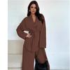 Fall Winter Fashion V-Neck Women's Elegant Long Sleeve Wide Leg Pantsuit