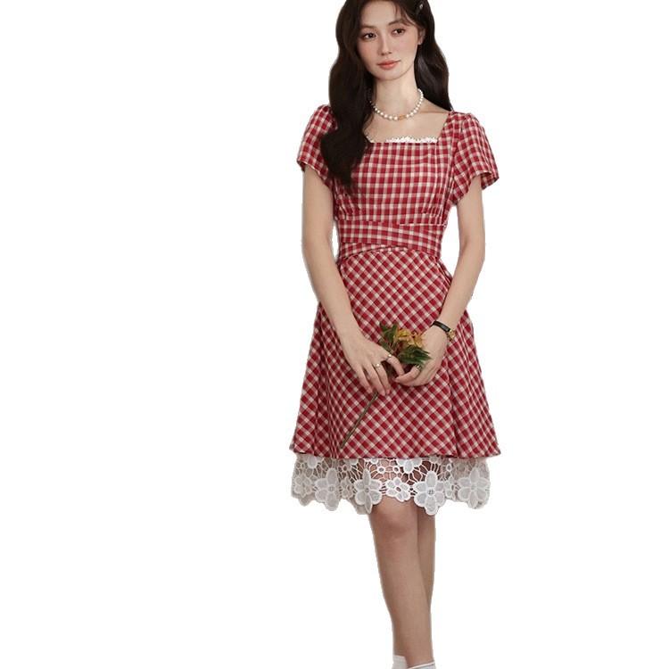 French square collar red lace plaid splicing women's summer small retro medium and long dress comfortable casual dress