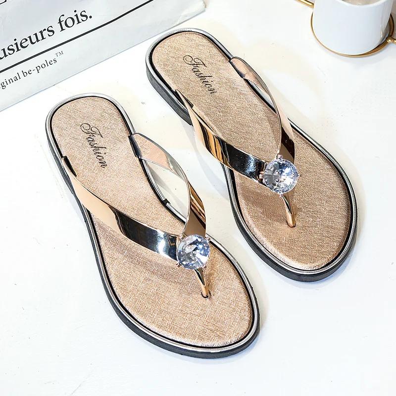 Fashion Women's Silver Biscuit Beach Sandals Flip Flops Floral Hollow Crystal Clip Parker Gold Strap Sandals