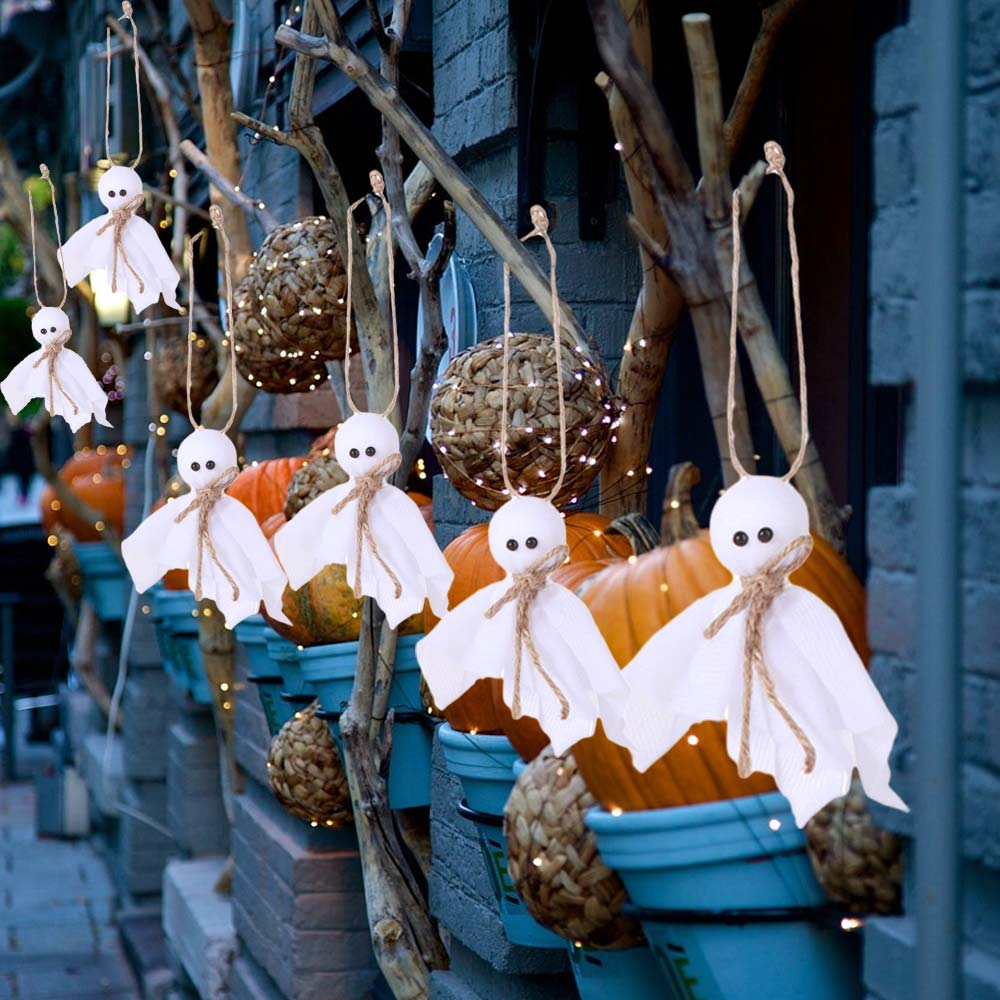 6Pcs 3 Inch Halloween Hanging Ornaments White Ghosts Hanging Ghost Pendant Haunted House Decoration