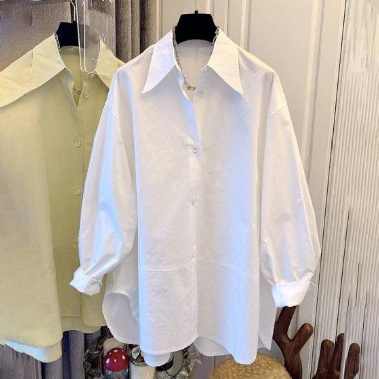 Long Sleeve Womens Shirt Loose Fit Blouse Cotton Solid Color Pointed Lapel Collar Spring Autumn Top for Work Travel Parties