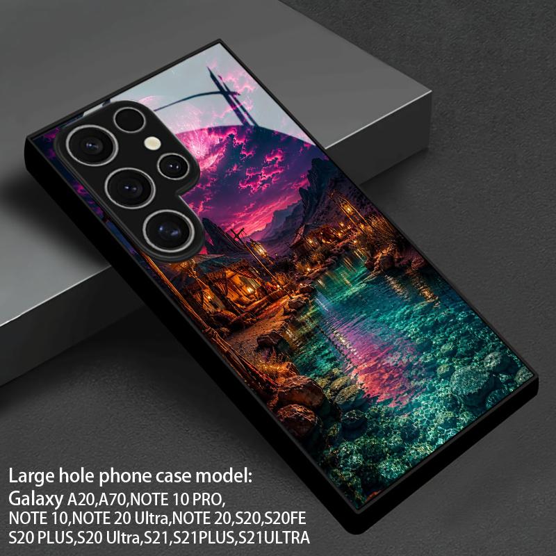 Pink Moon Oasis Pattern 2D Phone Case for Samsung S26 S25 S24 S23 S22 S21 S20 A56 A36 A16 - Glass Protective Cover