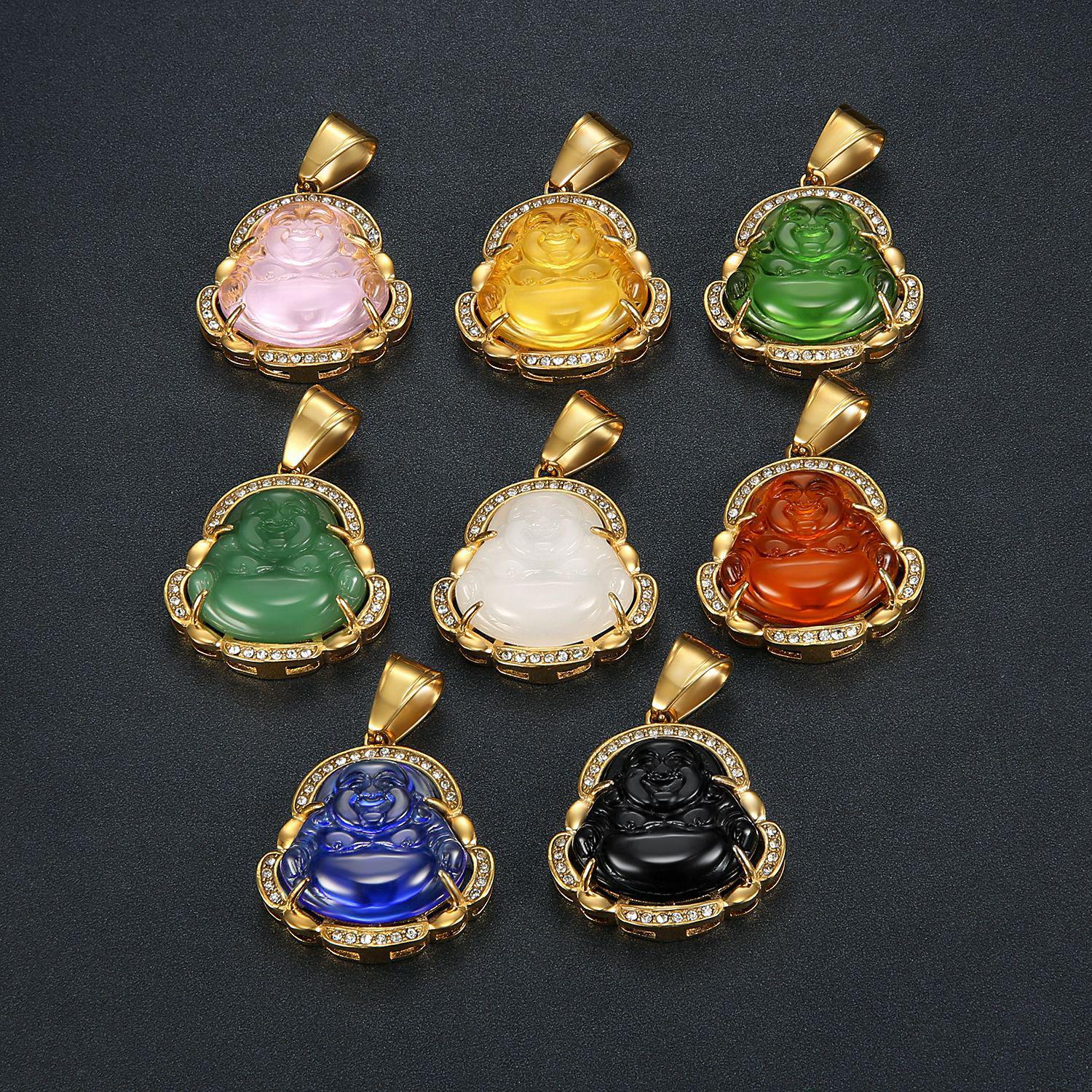 

Gold-Plated Chalcedony Pendant with Inlaid Diamonds - Maitreya Buddha Necklace