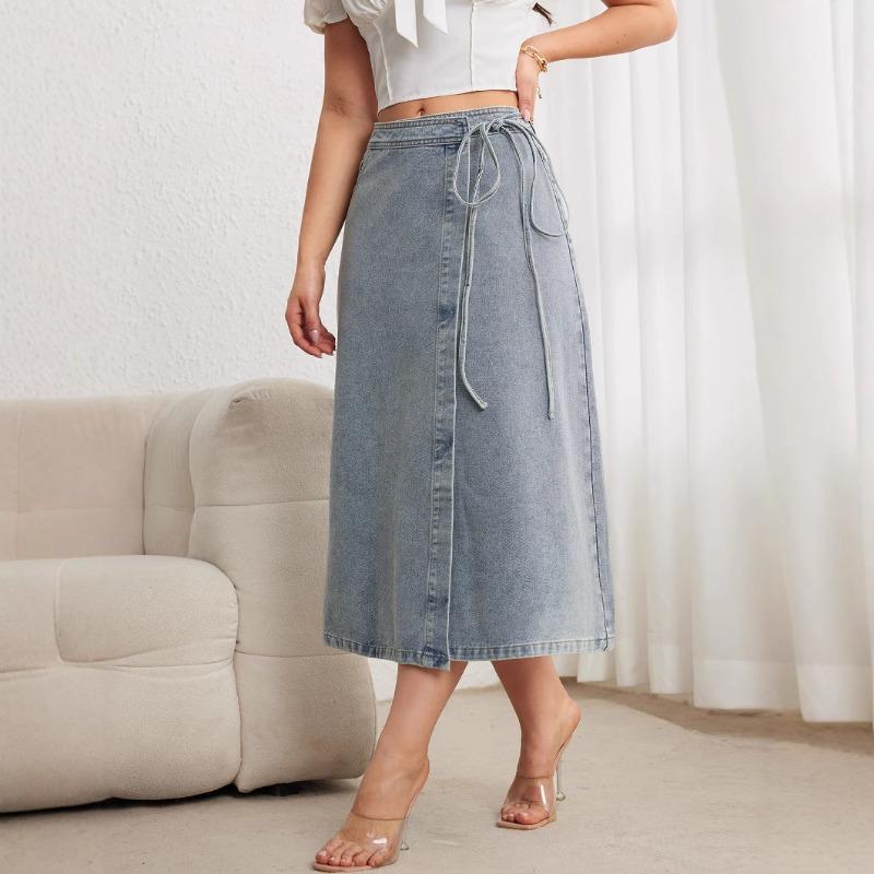 Damen S Denim Midi Rock Wickelstil Schlitz Locker Elegant Vintage
