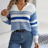 Sweater Women Casual Collar Polo Long Sleeve Knit Pullover Contrast Stripe Autumn Winter