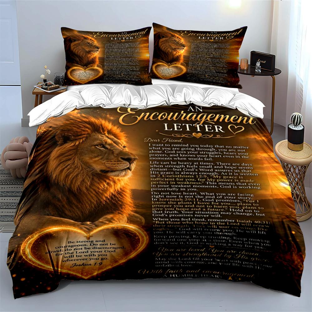 Lion Print with Encouragement Letter Design Bedding Set (1 Duvet Cover, 2 Pillowcases, Duvet Not Included)