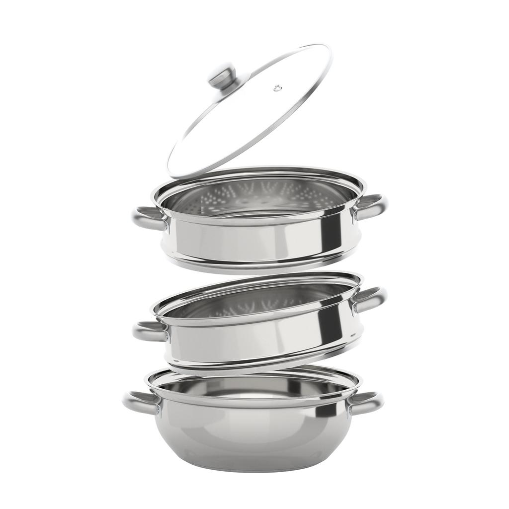 28CM Stainless Steel Steam Cooker Multi-Function 3 Tier Steamer Pot Cookware for Cooking Veg Meat Soups Seafood
