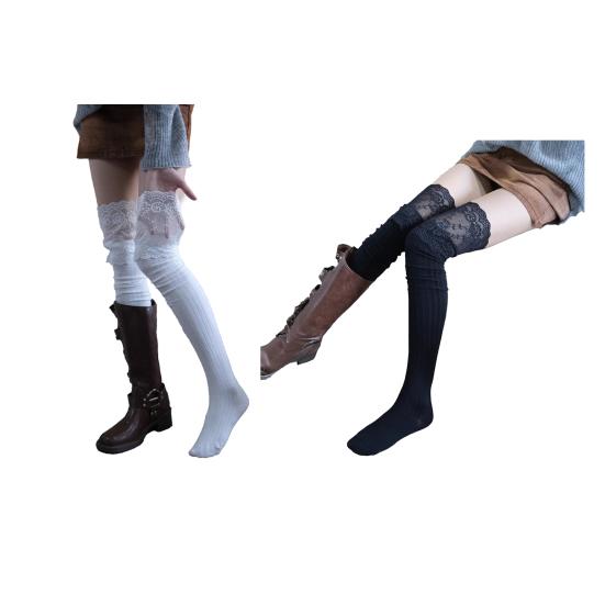Lace Thigh High Socks Women Over-the-Knee Socks with Lace Cuffs Stretchy Long Stockings Boot Socks for Girls Cosplay Dating