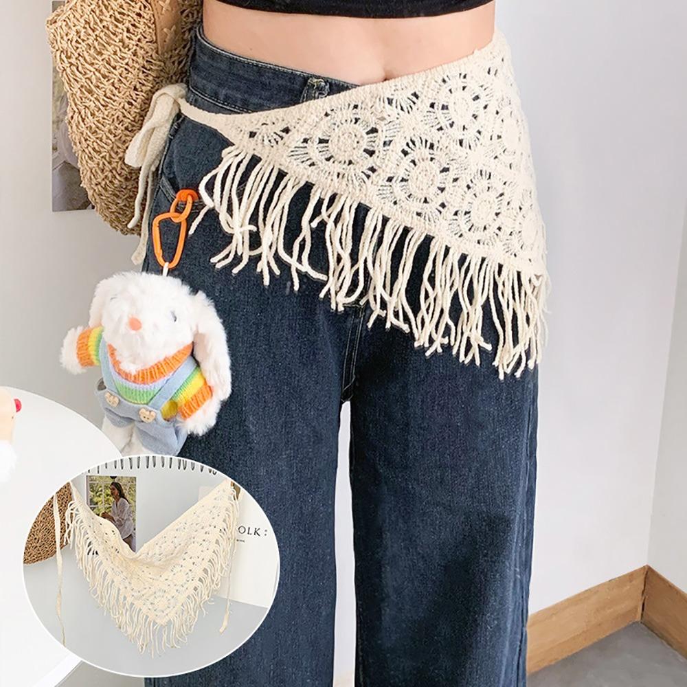 Bohemian Knitted Butt Flap Hollowing Out Tassel Hip Apron Triangular Scarf Tie Straps  Women Girls