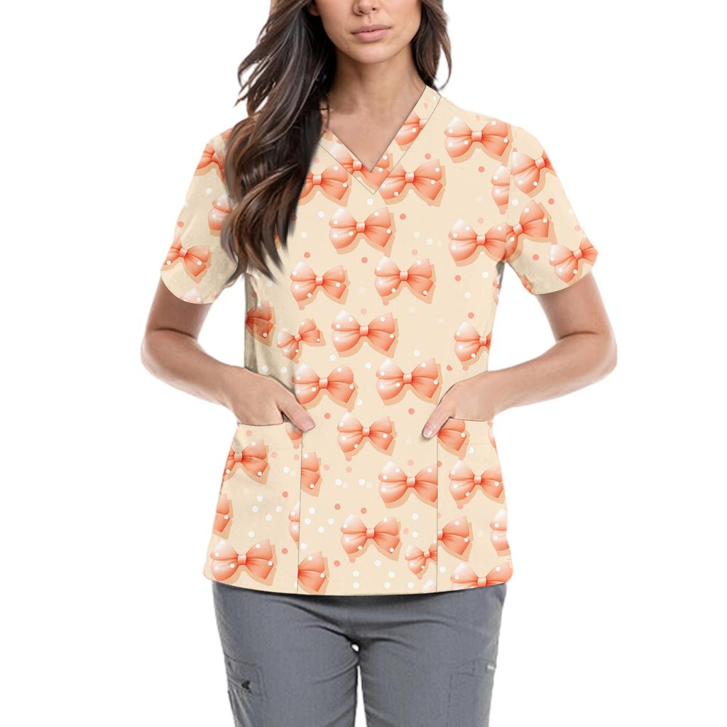 Women's Cute Bow Printed Work Clothes V-neck Double Layer Pockets Basic Short Sleeve Top Pullover