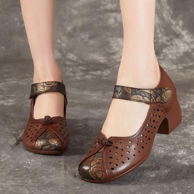 Chaussures pour femmes style ethnique escarpins talon épais semelle souple sandales respirantes en cuir véritable