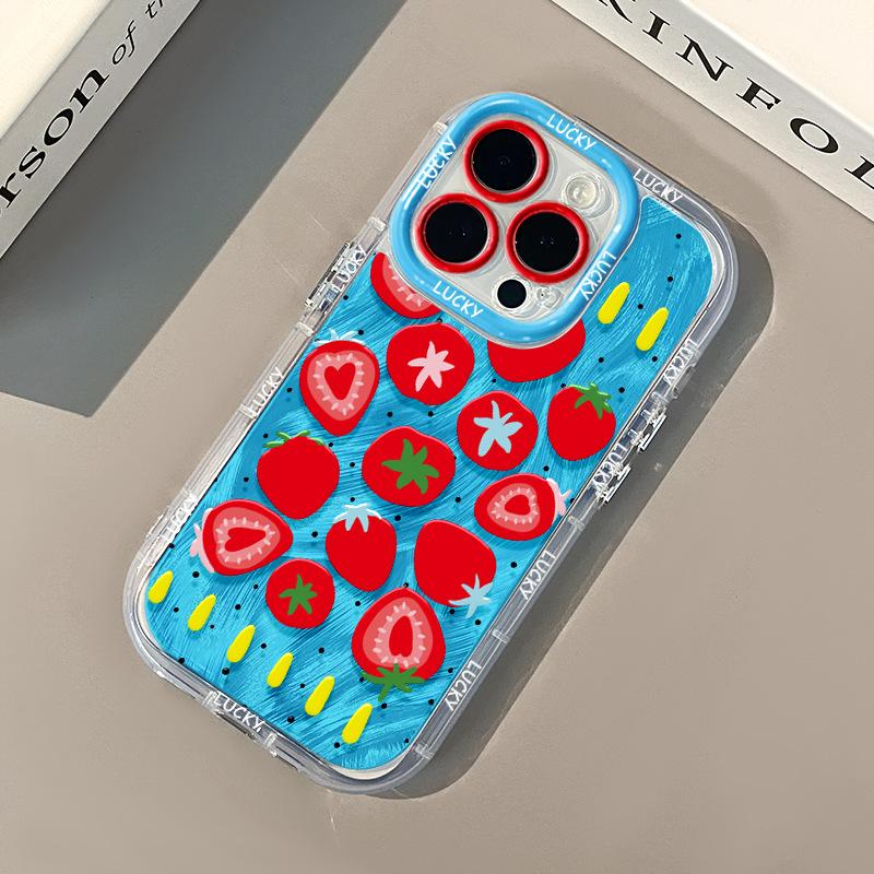 Vollbild Erdbeeren für iPhone17 Promax Handyhülle 14 für Apple 15 Creme Federgarn 13 Rundumschutz 11 Sturzsicher