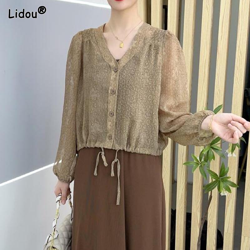 2023 New Spring and Autumn Fashion Temperament Commuting Minimalist V-neck Printed Loose Casual Versatile Sunscreen Shirt