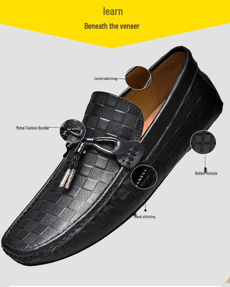 Men's Casual Spring Cowhide Slip-on Loafers, Embossed Leather Driving Shoes, Large Size