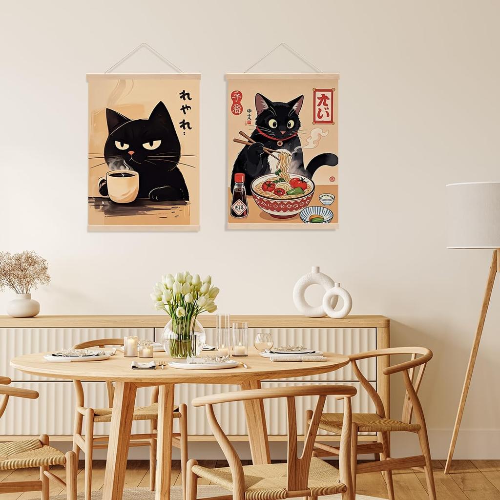 4 Pcs Vintage Japanese Cat Wall Art Hanging Banner, Japanese Noodle Sushi Linen Banner Poster Hanger Wall Decor for Home Kitchen Dining Room Wall