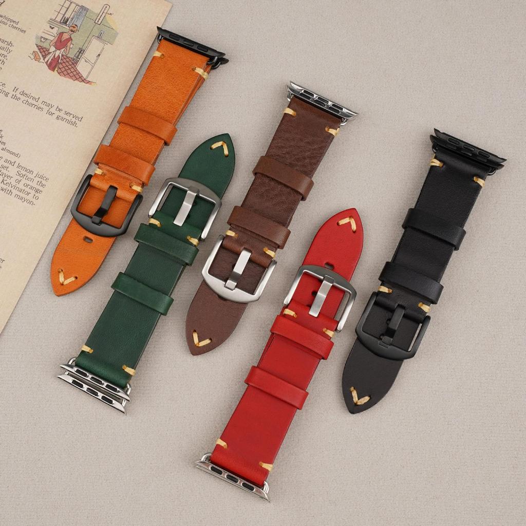 Genuine Cowhide Leather Watch Strap Replacement for Apple Watch Series 3 4 5 6 7 8 9 S9 Durable Smart Watch Wristband Accessory
