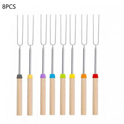 8pcs 32inch BBQ Barbecue Fork 304 Stainless Steel Scalable for Outdoor Camping Campfire, Wooden Handle Barbecue Stick