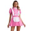 Womens Naughty Maid Uniform Clubwear Glossy Patent Leather Maid Cosplay Dress Ruffles Trims Bow Apron Puff Sleeve A-Line Dress
