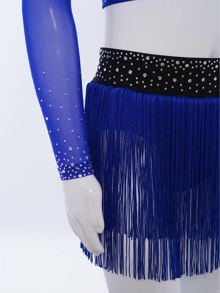 Girls Latin Dance Performance Costume One Shoulder Crop Top Rhinestones Tassel Skirt Set