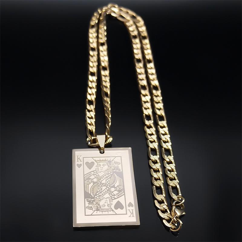 Poker King Spades Hearts K Pendant Necklace for Men Women Stainless Steel Gold Color Hip Hop Punk Necklaces Jewelry N7434S05