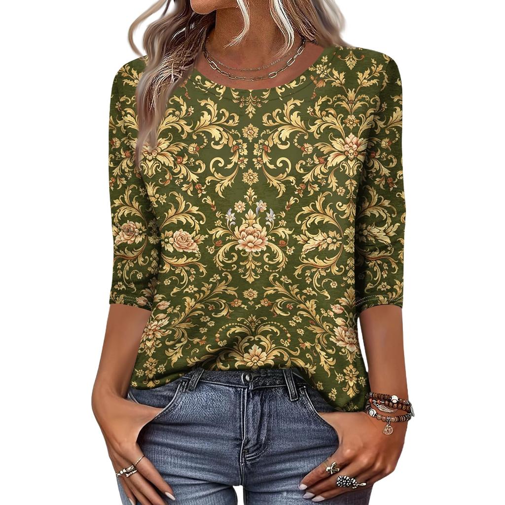 Women's Casual Three Quarter Sleeve Floral Print Crew Neck Top Relaxed Fit Lightweight Comfortable Blouse for Everyday Wear