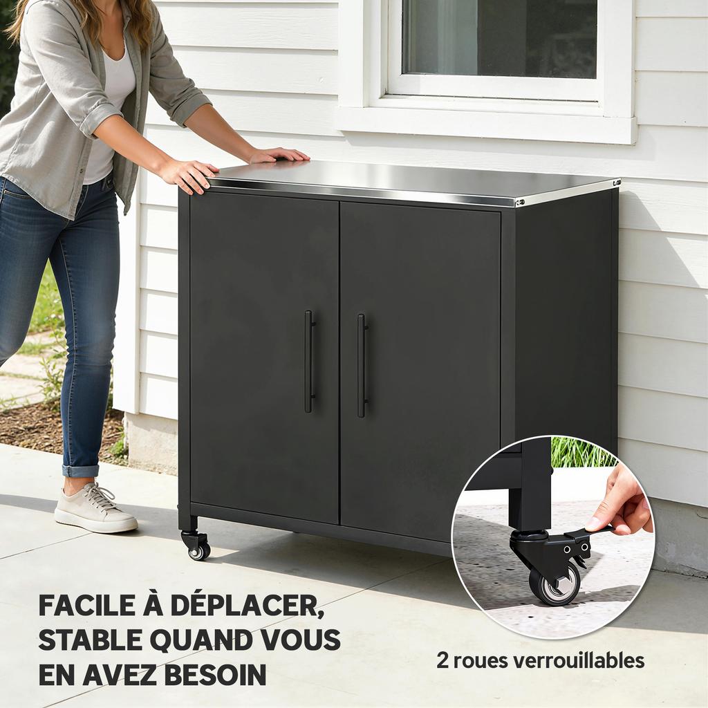 Metal Garden Shed, Stainless Steel Roof, Wheels, Black