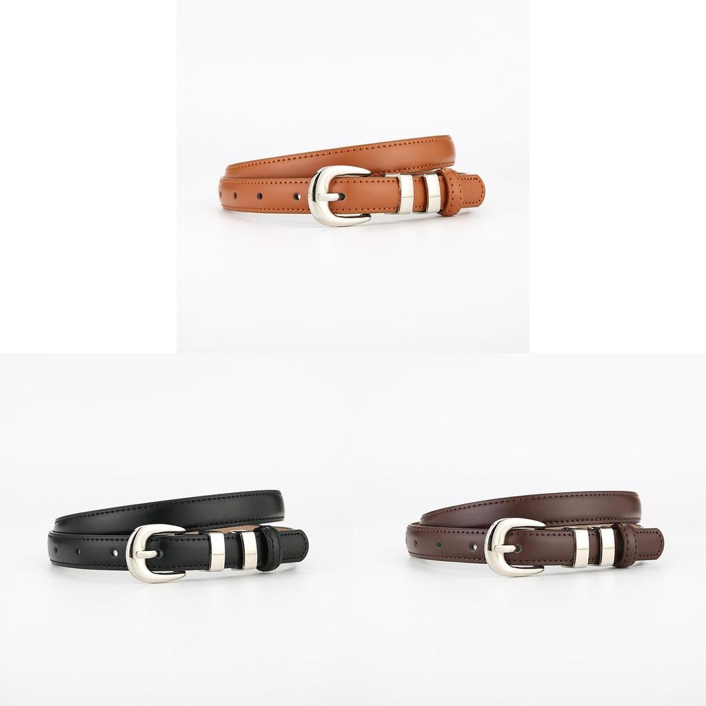 Womens True Leather Slim Belt With Metal Buckle For Casual Office Wear