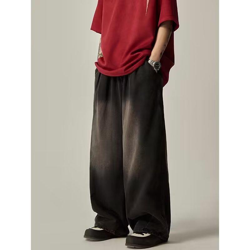 

Unisex Japanese-Style Wide-Leg Loose Jeans with Elastic Waist M