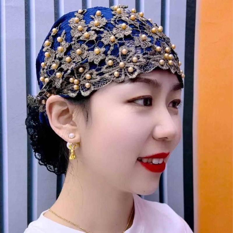 Women's Four-Season Thin Gold Thread Plum Blossom Beaded Lace Head-Wrapping Hat Breathable Hat Fashionable Hollow Pull-On Hat